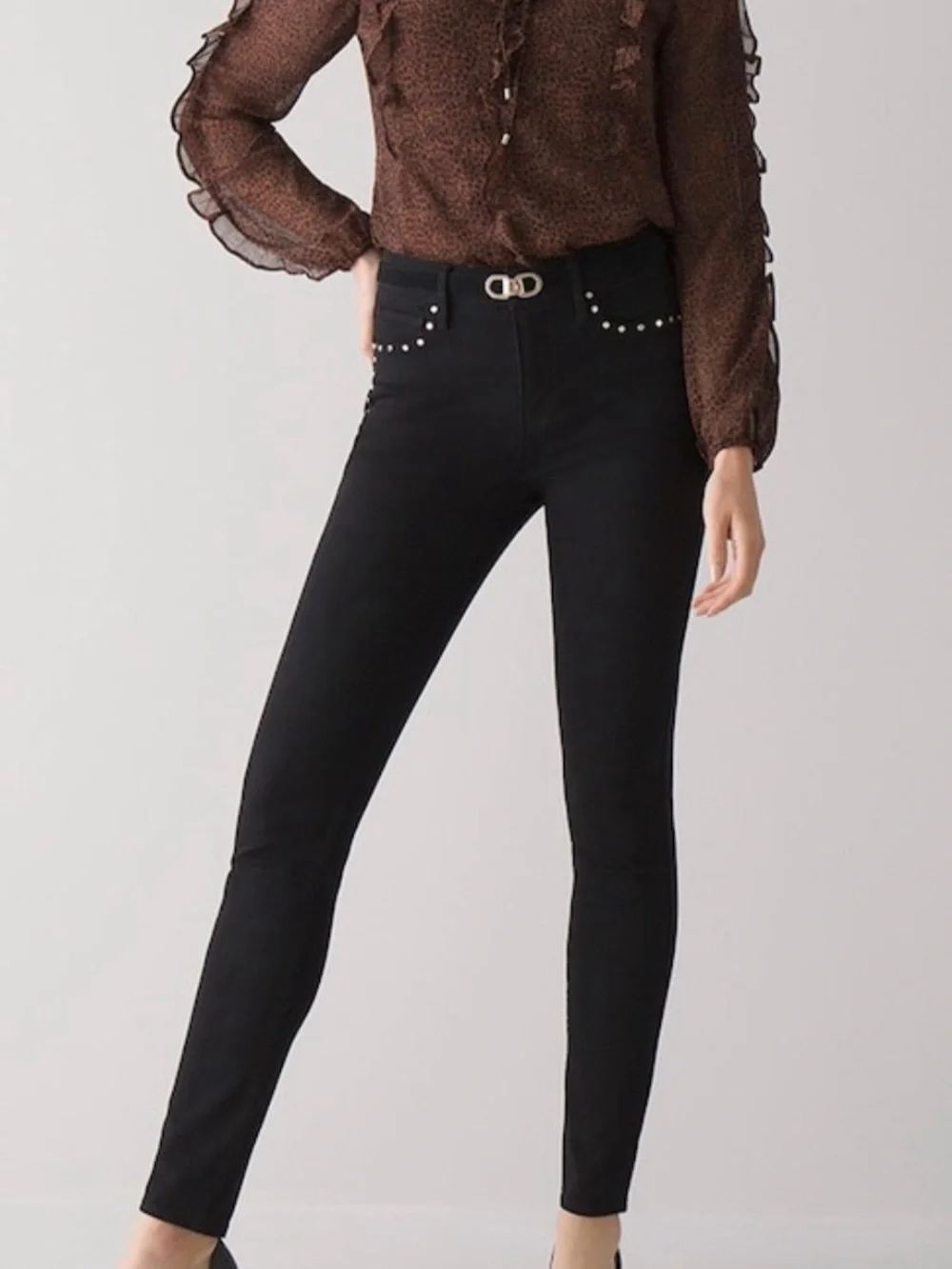WHBM | The Sculpt Skinny Ankle Black Stretch Denim Pants Gold Studded High Rise